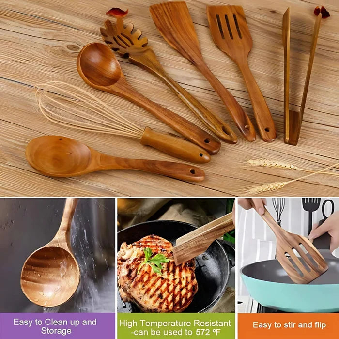 NaturaCook - Set d'ustensiles de cuisine en bois de qualité supérieure