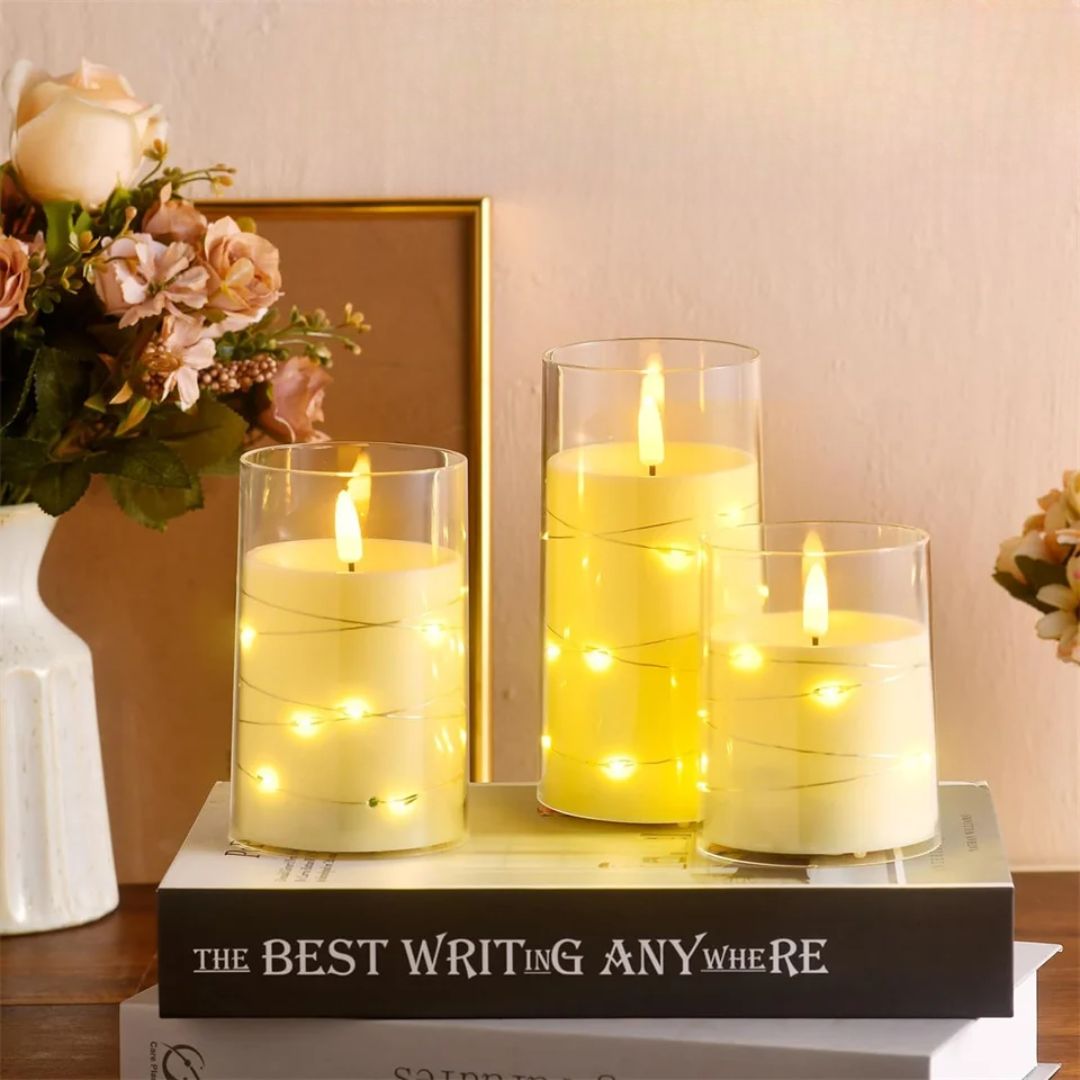Set de 3 bougies LED en verre avec décoration lumineuse