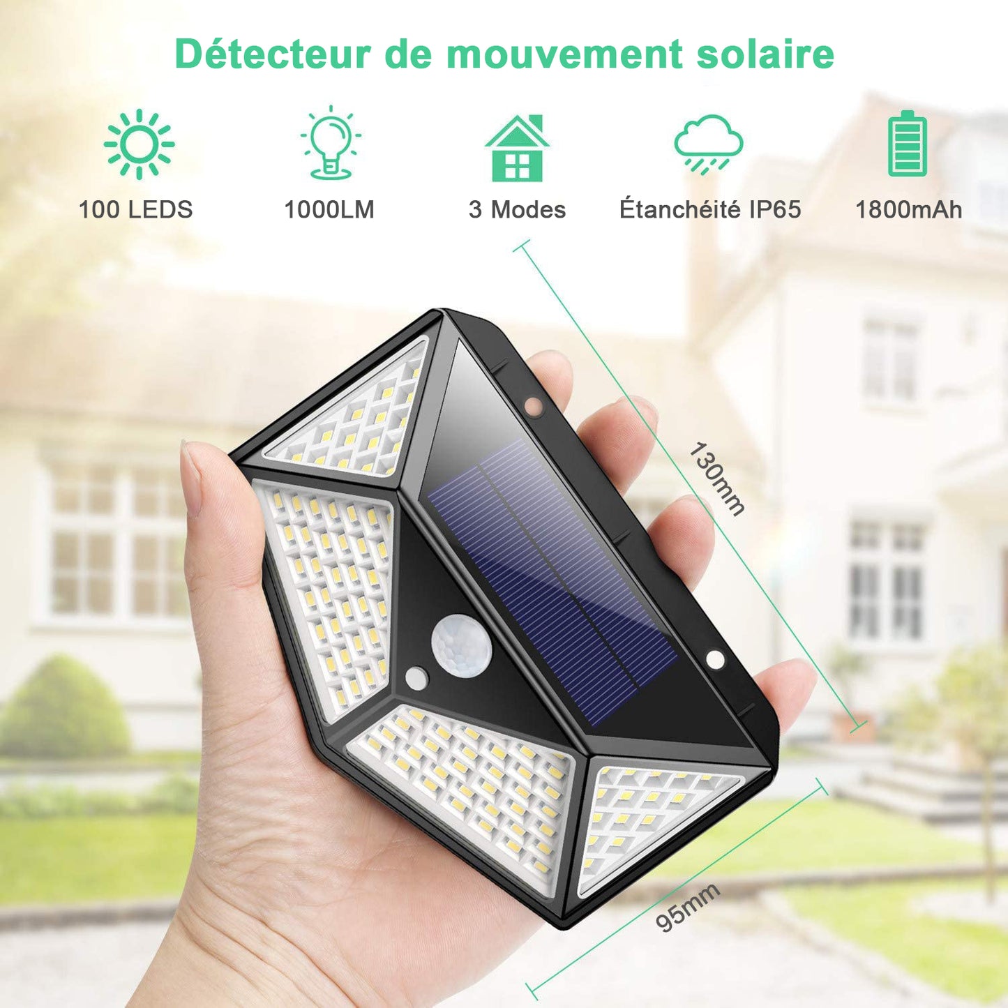 Lampe solaire à détecteur de mouvement PIR 270° grand angle