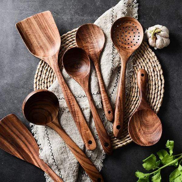 Forestra - Set d'ustensiles de cuisine en bois de teck fait main