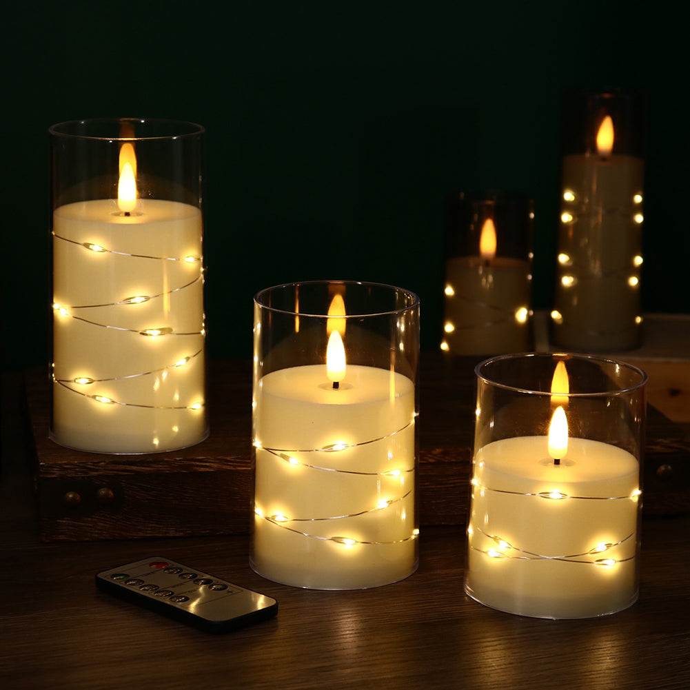 Set de 3 bougies LED en verre avec décoration lumineuse