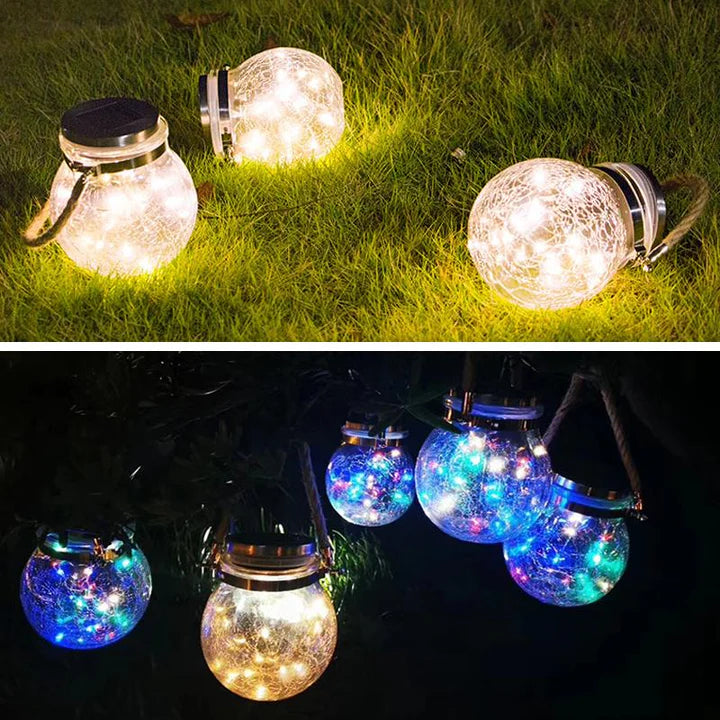 CrackGlow – Lanterne Solaire Suspendue en Verre Craquelé pour Jardin