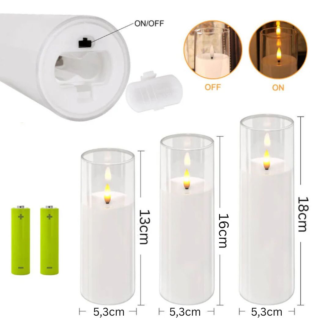 Set de 3 bougies LED en verre transparent